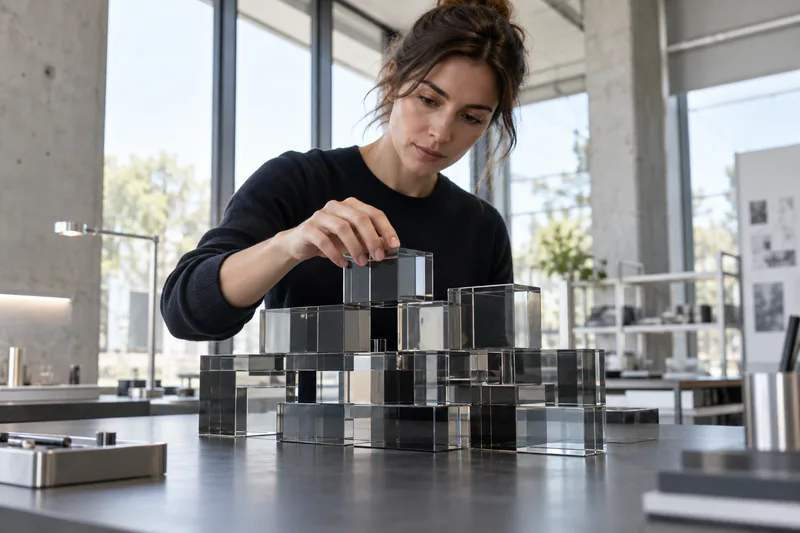 Une ingénieure inspecte un assemblage modulaire en verre fumé dans un atelier technique.
