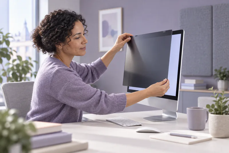 Une déléguée à la protection des données installe un filtre de confidentialité sur un poste de travail.