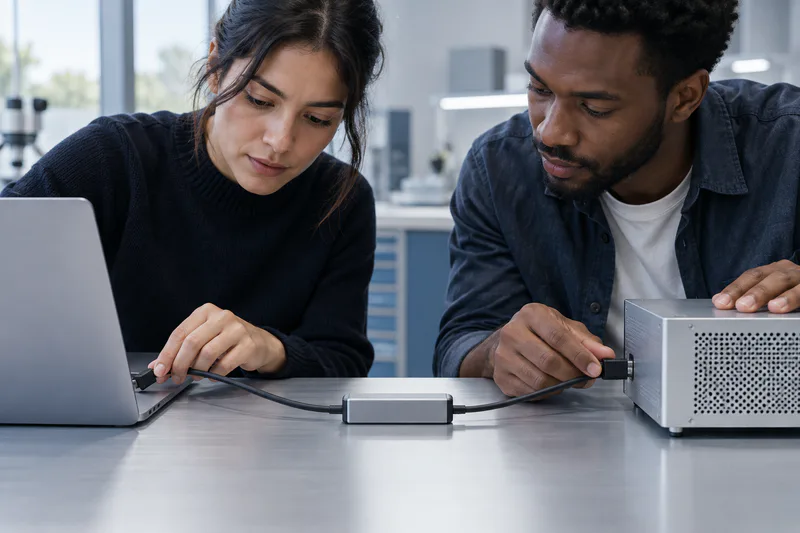 Deux spécialistes relient un module de test à un ordinateur dans un laboratoire produit.