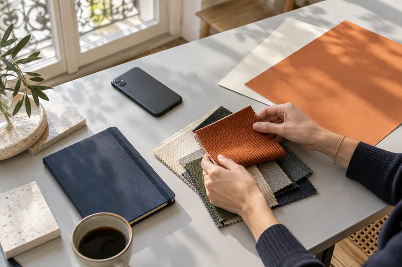 Des mains comparent des échantillons de couleur près d’un téléphone et d’un carnet.