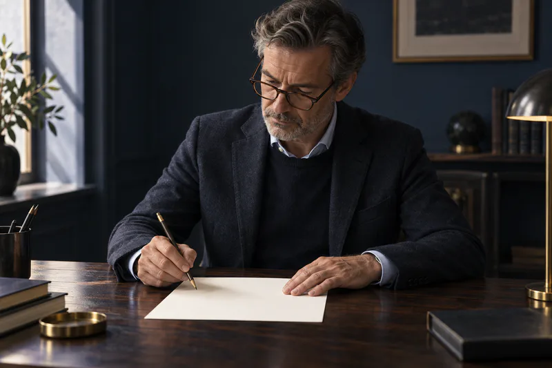 Une juriste relit une page vierge accompagnée de lunettes et d’un crayon.