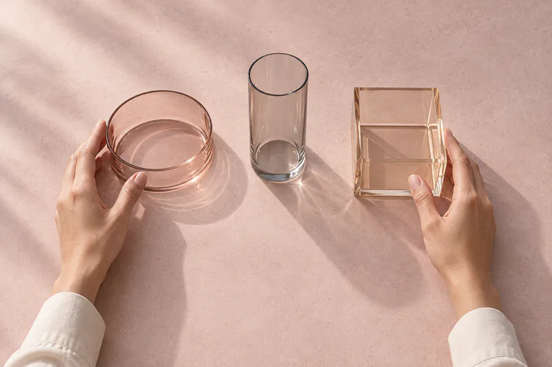Des mains comparent trois objets abstraits clairement séparés sur une table.