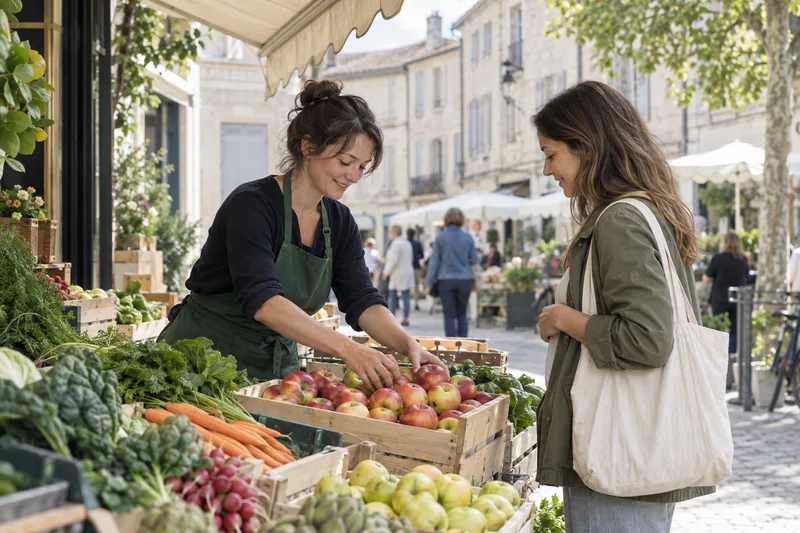 Une marchande arrange des pommes sur un étal de marché devant une cliente.