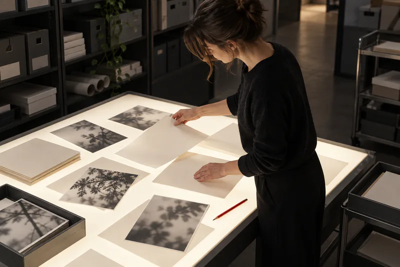 Une documentaliste de presse examine des coupures retournées et des photographies génériques.