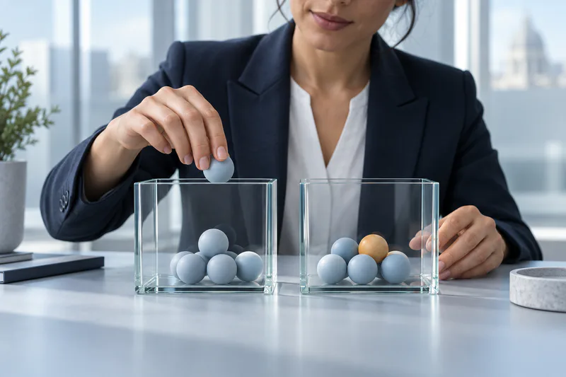 Une professionnelle de trésorerie sépare des jetons abstraits dans deux compartiments sécurisés.