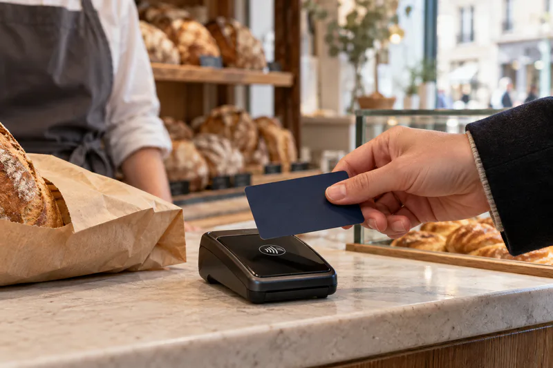 Une main présente une carte de paiement au-dessus d’un terminal posé sur un comptoir.