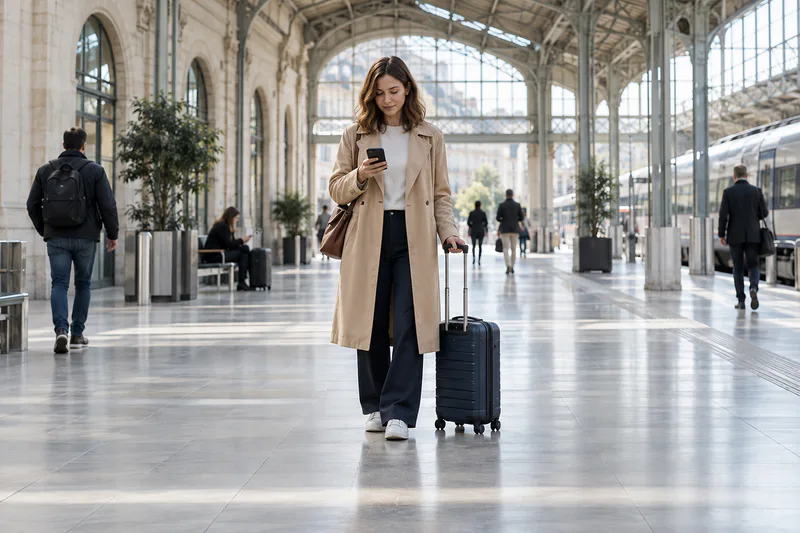 Une voyageuse consulte son téléphone avec sa valise dans le hall d’une gare.