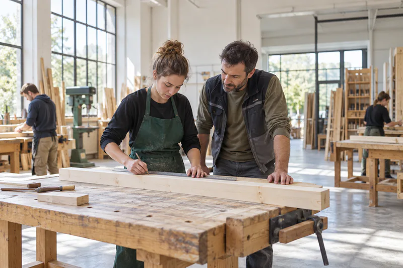 Une adulte en formation marque une pièce de bois avec une règle, accompagnée par un formateur.
