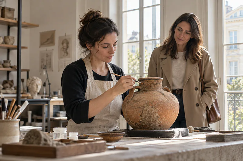 Une restauratrice travaille au pinceau sur un vase en terre cuite, sous le regard d’une visiteuse.