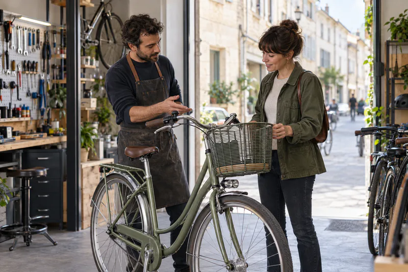 Deux personnes échangent près d’un vélo dans un atelier ouvert sur la rue.