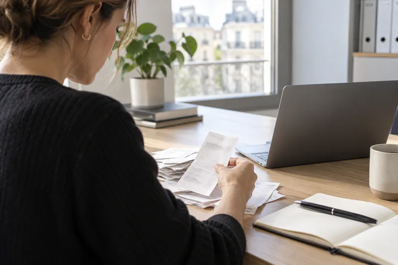 Une personne consulte des justificatifs à côté d’un ordinateur portable et d’un carnet.